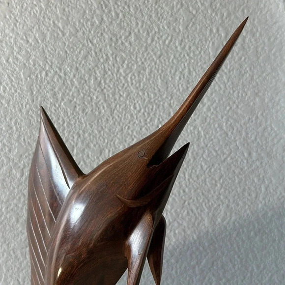 Iron Wood Marlin Sailfish Swordfish Hand Carved Statue Mid Century Modern - Picture 8 of 10